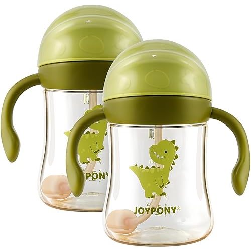Sippy Cups for Toddlers 1-3, Spill Proof Weighted Straw Cup with Handle for Baby 6 Months + old, 2 Pack, Total 4 Silicone Straws, PPSU, BPA Free, 9 oz (Green)