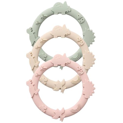 Silicone Teethers for Babies 0-6 6-12 Months Teething Toys for Infants Baby Chew Toys for Sucking Needs Baby Teething Rings for Infant Boys and Girls 3 Pack-Dinosaur-Blush