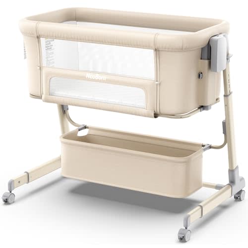 NeoBorn 4-in-1 Baby Bassinet, Rocking Bedside Bassinet, Khaki | Anti-Reflux Comfort, Sturdy Wide Base, 7 Height Adjustments, with Comfy Mattress, Waterproof Sheet & Wheels for Newborns