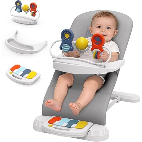 Baby Bouncer Seat, 3-Speed Adjustable Height Baby Bouncer Seat, 4-in-1 Bouncer Seat for Babies 0-6 Months, Detachable Piano Pedals, Feeding Tray