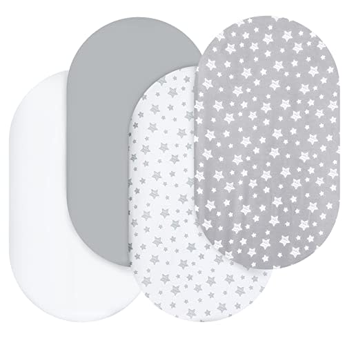 Bassinet Sheets Set 4 Pack for Baby Boy or Girl, Universal Fit for Oval, Hourglass and Rectangular Mattress, Grey