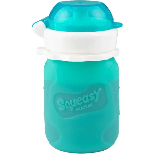 Aqua 3.5 oz Squeasy Snacker Spill Proof Silicone Reusable Food Pouch - for Both Soft Foods and Liquids - Water, Apple Sauce, Yogurt, Smoothies, Baby Food - Dishwasher Safe