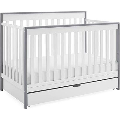 Delta Children Mercer 6-in-1 Convertible Crib with Storage Trundle, Greenguard Gold Certified, Bianca White/Grey