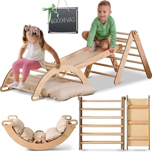 7-in-1 Montessori Climbing Set - Pikler Triangle with Cushions & Drawing Board for Toddlers 1-3 | Indoor Playground & Activity Center