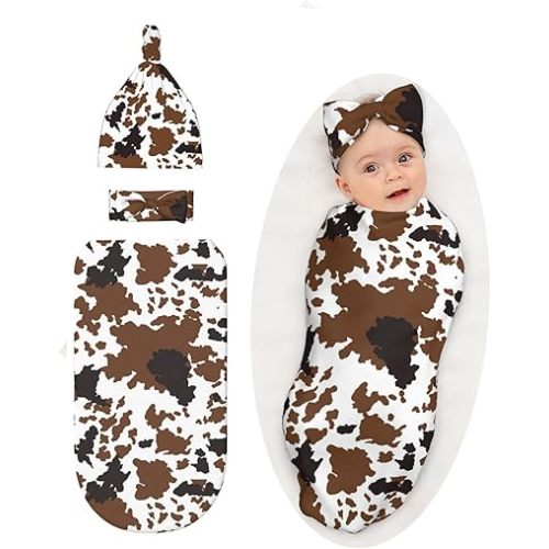 Brown Cow Print Baby Stuff Swaddle Blanket with Headband and Beanie Set, Western Newborn Swaddle Sacks Outfit Infant Shower Gift for Boys Girls