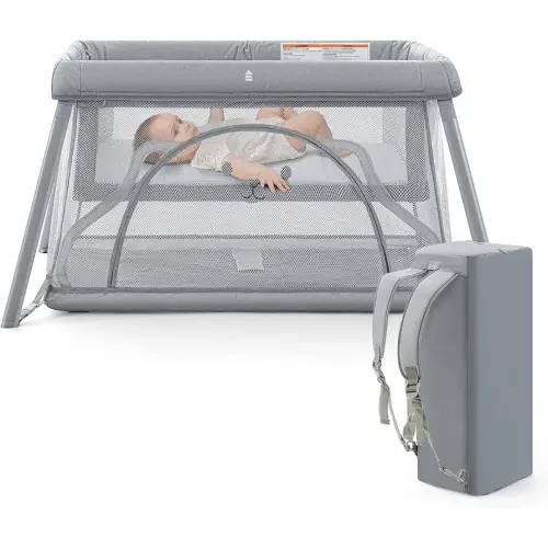Travel Crib,Portable Crib for Baby, Pack and Play for Babies and Toddler, Lightweight Backpack Design,Foldable Travel Baby Playpen with Mattress(Light Grey)