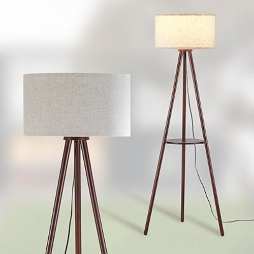 Wood Tripod Floor Lamp for Living Room, 3 Color Temparature LED Bulb Included, Mid Century Modern Wooden Shelf Floor lamp with Linen Shade for Bedroom, Office, Dark Brown Wood Color