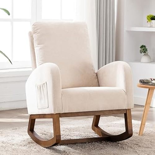 Rocking Chair, Glider Chair with Rubber Pad & Side Pocket, Armchair with Solid Wood Strusture for Living Room, Nursery, Bedroom, Breastfeeding(White)