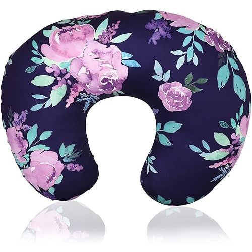 Purple Floral Nursing Pillow Cover, Breastfeeding Pillow Slipcover for Baby Boys & Girls, Nursing Pillow Case for Newborn, Soft Fabric Fits Snug On Infant, Washable & Breathable, Watercolor Flower