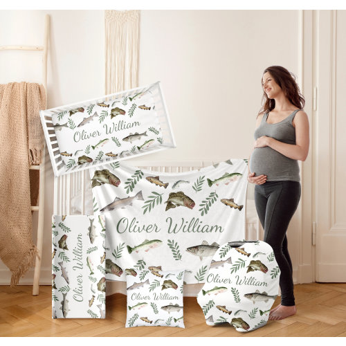 FISHING Nursery Crib Bedding Set Personalized Baby Shower Gift Boy Blanket Fitted Crib Sheet Changing Pad Cover Car Seat Cover Pillow Set
