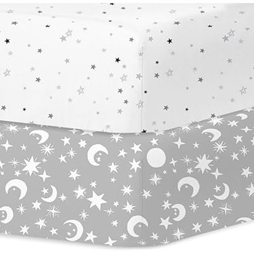 Little Grape Land Crib Sheets for Boys and Girls, 2pk Baby Crib Fitted Sheet for Standard Size Crib and Toddler Mattress, Super Soft Baby Sheet (Star & Moon)