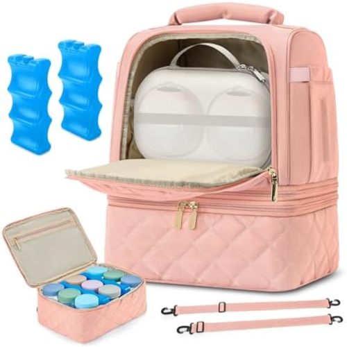 RAINSMORE Wearable Breast Pump Bag, Willow/Eufy/Elvie/Spectra/Medela/Momcozy M5/S12 Pro, Breast Milk Cooler Travel Bag with Cooler Compartment & Ice Pack, Pink