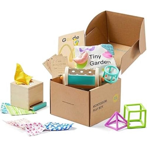 Tiny Land Montessori Baby Toy Set 4-6 Months – Early Learning Motor Skills Development Kit with 4-in-1 Soft Cloth Book, Spinning Rainbow Toy, Silicone Blocks, and Interactive Magic Tissue Box