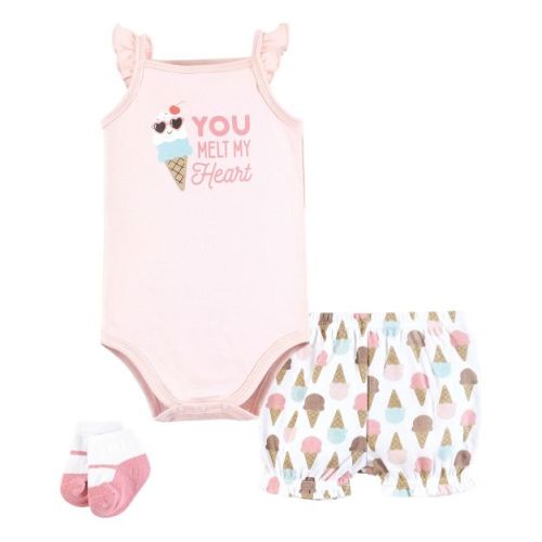 Hudson Baby Infant Girls Bodysuit, Short and Sock, Melt My Heart Ice Cream