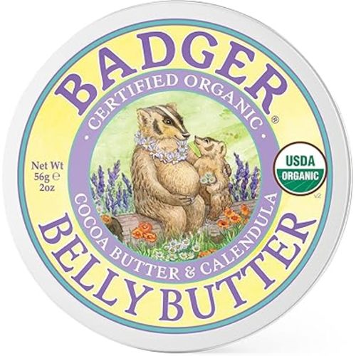 Badger Belly Butter, Organic Stretch Mark Cream for Pregnant Belly, Rich Hypoallergenic Moisturizing Organic Cocoa Butter & Coconut Body Butter for Women, 2 oz Tin