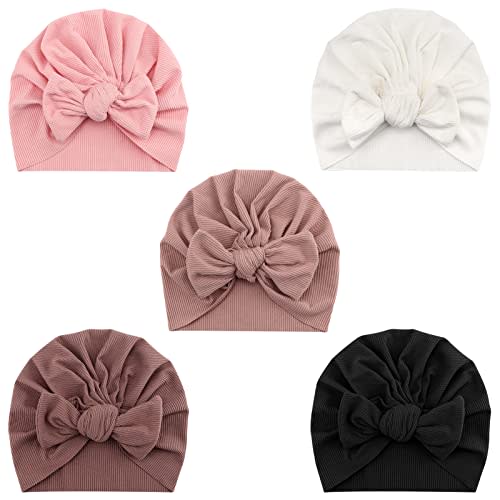 DRESHOW BQUBO 5 Pieces Newborn Baby Turban Hats Bow Baby Infant Beanie Breathable Toddler Cap for Baby Girls