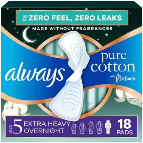 Always Extra Heavy Overnight Pure Cotton Pads with Wings - Size 5 - 18ct