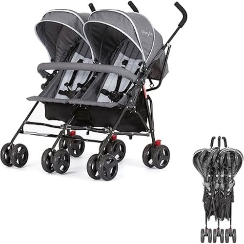Volgo Twin Umbrella Stroller in Gray, Lightweight Double Stroller for Infant & Toddler, Compact Easy Fold, Large Storage Basket, Large and Adjustable Canopy
