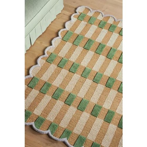 Hand-Tufted Scalloped Wool Area Rug 8' x 10' – Modern Plaid Checkered Pattern - Green, Soft & Durable, Modern Accent for Living Room, Bedroom & Nursery, Cozy Home Décor