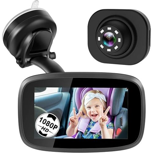 Shybaby 1080P Baby Car Mirror, 4.3" Baby Car Camera Monitor with 170° Wide View, HD Night Vision Function and Reusable Sucker Bracket, Safety Rear Facing Car Set Camera for Infants Kids Toddlers