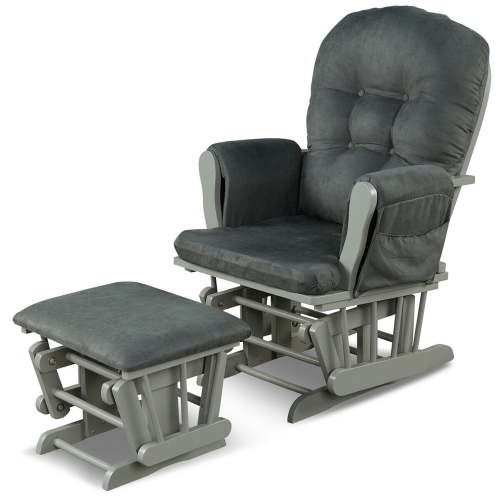 Gymax Glider and Ottoman Cushion Set Wood Baby Nursery Rocking Chair Dark Grey