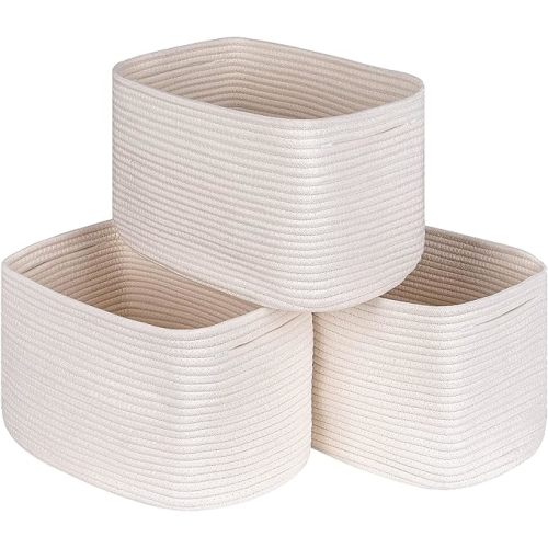 Off White Storage Cubes Baskets Bins for Shelves Set of 3, Rectangular Closet Cube Baskets, Skin-friendly Woven Rope Organizing, Baby Nursery, 13x10x8.26