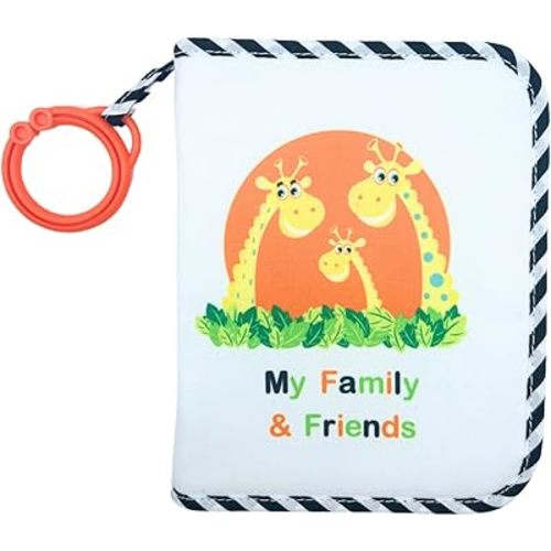 My First Photo Album for Baby with Adorable Giraffe Family, Fabric Cover, Holds 17 Photos, Wipeable Pages, Baby Safe Mirror - Soft Photo Album for Baby by Genius Baby Toys