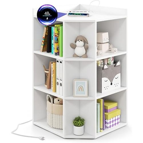 Costzon Kids Corner Cabinet with Charging Station, Wooden Cubby Bookcase with USB Ports and Outlets, 3-Tier Kids Bookshelf, 9-Cube Toy Storage Organizer for Playroom, Bedroom, Living Room (White)