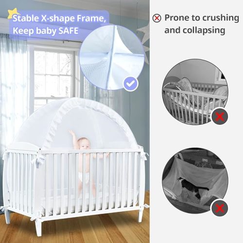 Baby Crib Tent, Crib Tent to Keep Baby from Climbing Out, Durable Strong Self-Locking Zippers, Pop Up Crib Cover Safety Netting Mesh, Mosquito Net for Crib, White Crib Net to Keep Baby in