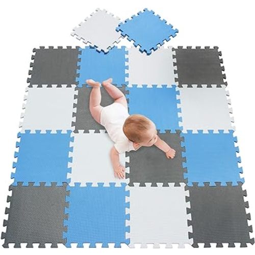 meiqicool Foam Play Mat Thick Soft EVA Interlocking Foam Floor Mats Children Yoga Exercise Multi Jigsaw Puzzle Blocking Board Kids Playmats Play White-Blue-Grey 18 Piece AGL