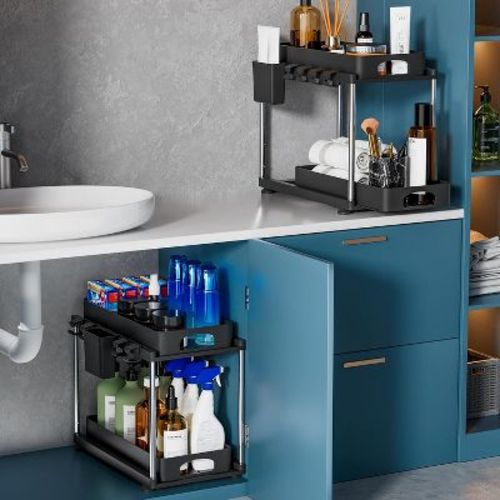 Maseikar 2 Pack Under Sink Organizer, Under Sink Organizers And Storage For Kitchen Bathroom, Cabinet Organizer With Two Slide-out Drawers, Black