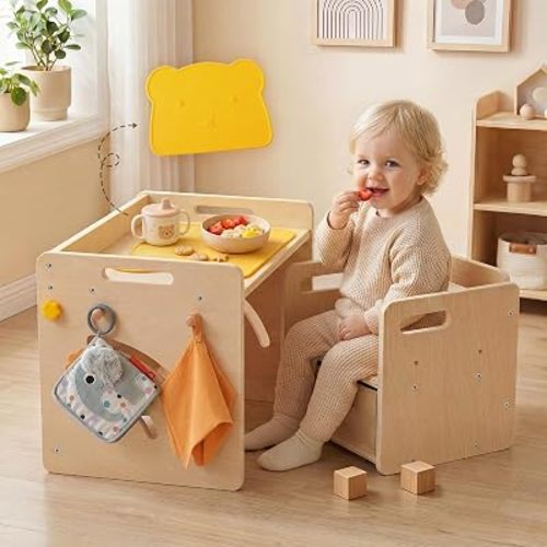 Montessori Table and Chair Set - Adjustable Toddler Weaning Table with Storage Box & Table Mat, Baby Furniture Gift for 1-3 Year Old Kids Learning, Play and Mealtime