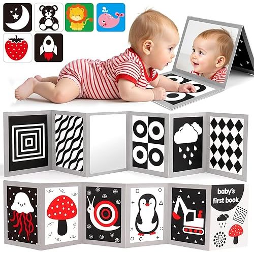 Black and White High Contrast Baby Books Flash Cards Tummy Time Mirror Toys Newborn Toys 0-3 Infant Stimulating Sensory Toy 0-6 3-6 2 4 5 Months Old Baby Boy Girl Shower Gifts Easter Basket Stuffers