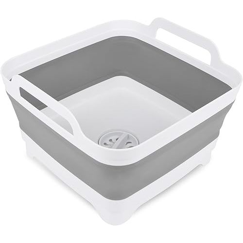 2.4 Gal(9L) Collapsible Dish Basin with Drain Plug, Kitchen Storage Tray Dish Wash Basin, Portable Dish Tub, Foldable Dishpan for Camping,RV,Gray