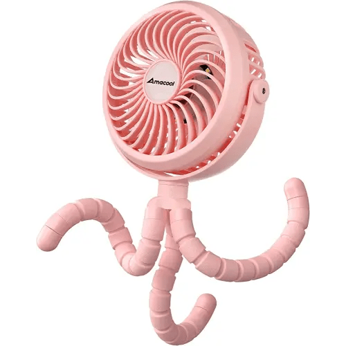 AMACOOL Battery Operated Stroller Fan Flexible Tripod Clip On Fan with 3 Speeds and Rotatable Handheld Personal Fan for Car Seat Crib Bike Treadmill (Pink)