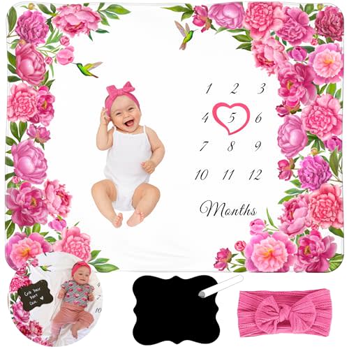 KEMINA BLANKETS Milestone Blanket for Baby Girl Personalized Board with Frame and Headband, Floral Baby Milestone Blanket Girl, Monthly Baby Milestone, Baby Girl Month Blanket, 50x40