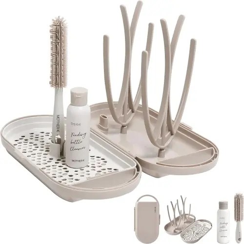 MOTHER-K Travel Baby Bottle Drying Rack Set, Including Bottle Brush and Travel Bottle, for Working Mom or Camping with Baby (Cream Mocha)