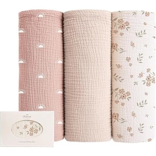 Konssy 3 Pack Muslin Swaddle Blankets, 100% Cotton Receiving Blankets | 47" x 47" Size, Soft & Lightweight, for Receiving & Swaddling, Newborn to Toddler, Boys & Girls (Peach Blossom Sun)