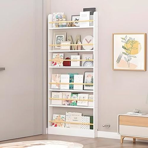 Wooden 3/4/5/6 Tier Behind The Door Bookshelf, Tall Narrow Floor Standing Bookcase, Space-Saving Storage Organizer for Books, Bedroom, Living Room, Office White 23.6x3.9x70.2
