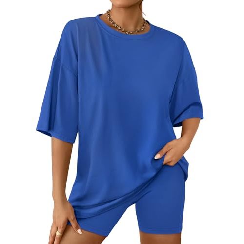 AUTOMET Womens 2 Piece Sets Summer Outfits 2025 Two Piece Lounge Set Matching Clothing Oversized Tshirts Biker Short Fashion