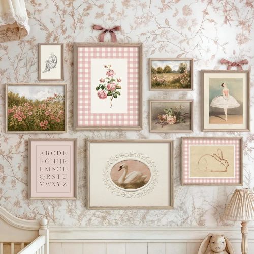 Vodefoad Pink Nursery Wall Art Set Retro Baby Girl Nursery Wall Decor - Unframed