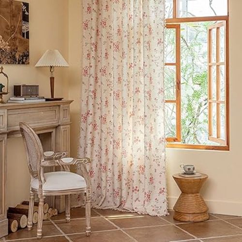 ENJOYBRIDAL Pink Floral 63 Inch Curtains 2 Panel Set Boho Tassel Drapes Short Farmhouse Rod Pocket Semi Sheer Window Curtains Bedroom Living Room Rustic Dining Room Aesthetic Decor Window Treatments