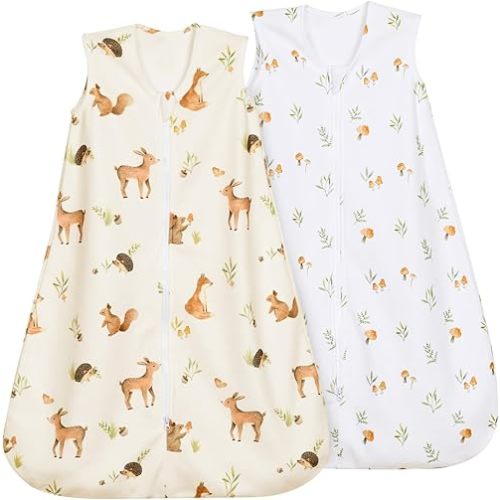 david's kids Micro Fleece Baby Sleep Sack 6-12 Months, Warm Baby Wearable Blankets with 2-Way Zipper, 2 Pack Sleeping Bags for Infant Newborn Boys Girls Neutral, Medium Size, Forest/Woodland Animals