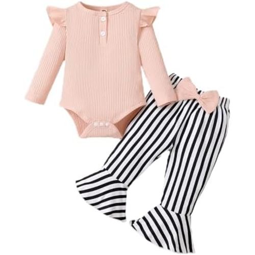 Kislio Newborn Baby Girls Clothes Ribbed Ruffled Romper+Floral Pants+Headband Infant Outfit Set