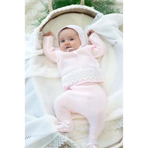 Baby Knitted Set in Pink With Lace Details In White