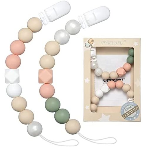 Pacifier Clip Baby Girls Binky Clips Holder Soothie Paci Clip Silicone Bead Teething Relief Teether Toy Baby Birthday Christmas Set of 2 Pack(Pinksand, Mossy Green)