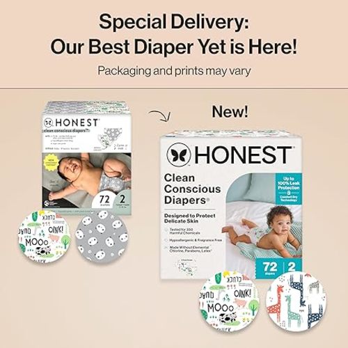 The Honest Company Clean Conscious Diapers for Delicate Skin | Up to 100% Leakproof | Hypoallergenic, Fragrance Free | Gender Neutral | Club Box, Size 2 (12-18 lbs), 72 Count (Prints May Vary)