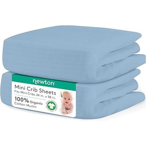 Newton Baby Mini Crib Sheets (2-Pack) | Organic Muslin Cotton, Ultra Breathable & Soft Baby Sheets, Machine Washable Baby Mattress Sheets, Fits Any Mini Sized Crib 24" x 38", Sky Blue