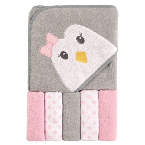 Luvable Friends Baby Girl Hooded Towel With Five Washcloths, Penguin, One Size