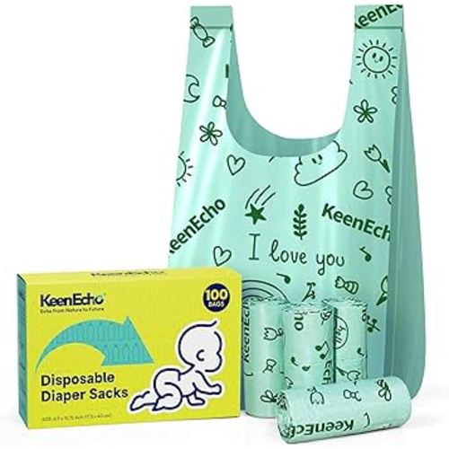 Disposable Diaper Bags with Handles 100 Count (4 Rolls), Unscented Leak-Proof Diaper Trash Bags & Sacks or Pet Waste Bag, Ocean Recycled Plastic, Green